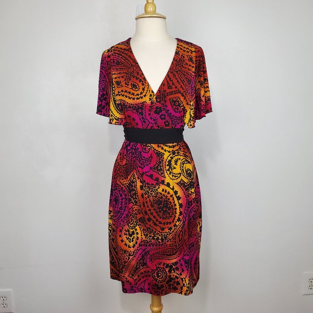 Tiana B. Empire Waist Stretchy Tie Back V-Neck Colorful Paisley Dress Size L